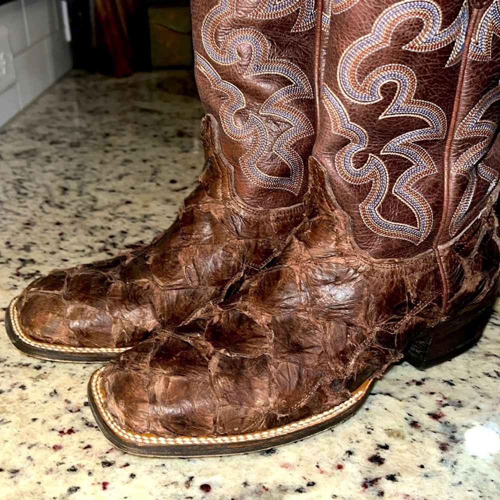 Womens brown Piracuru Fish skin  Wide Square Toe Exotic boots